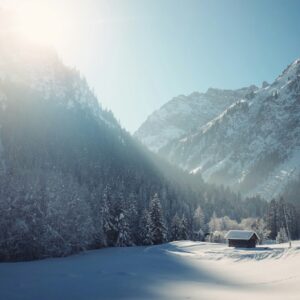 Snow covered chalet sunlight