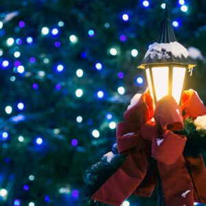 Snow covered street lamp christmas lights