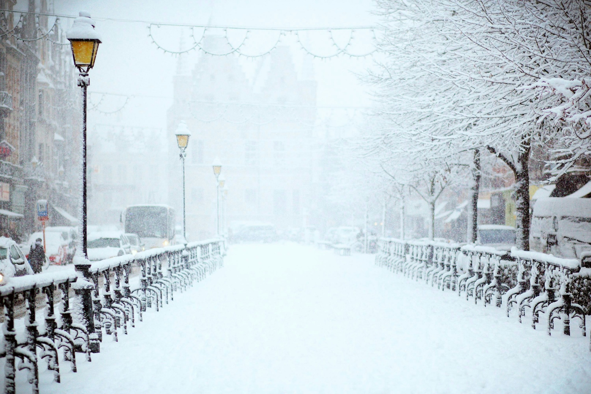 Snowstorm street lights winter scene