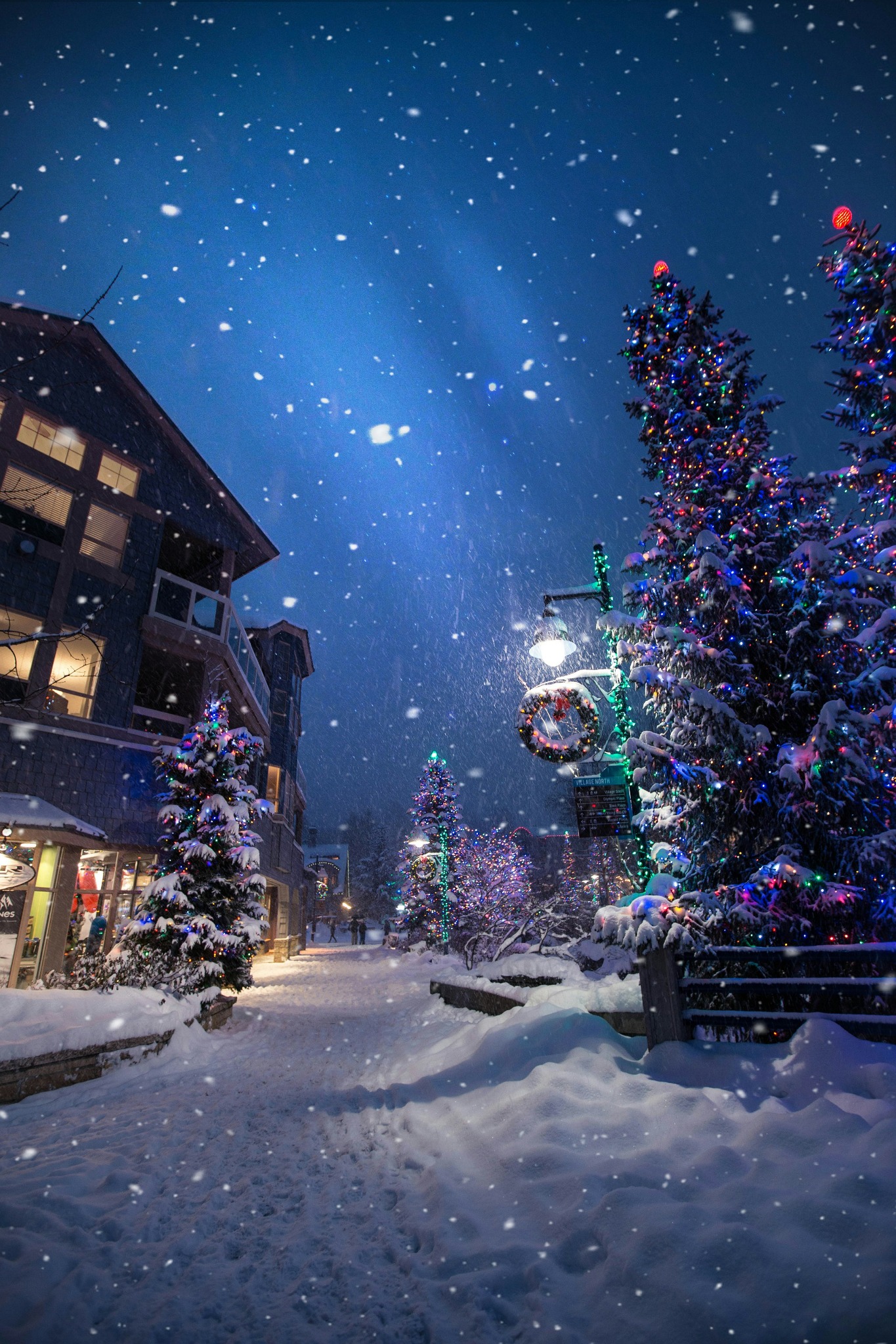 Snowy christmas evening in town