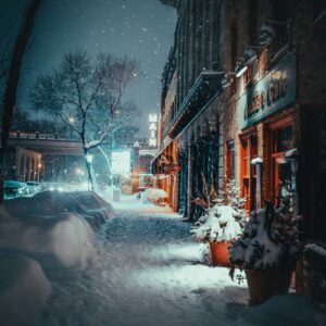 Snowy street night lights