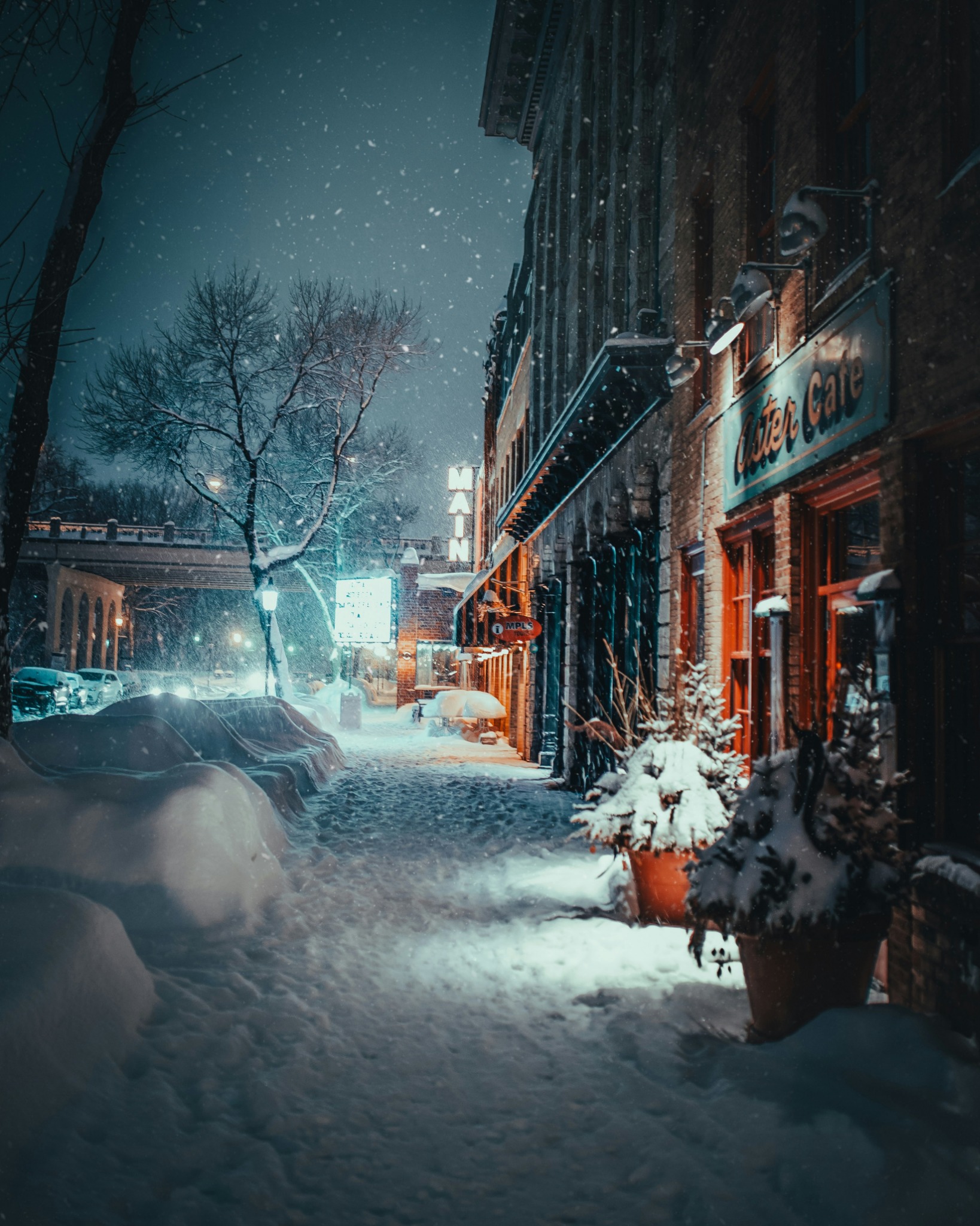 Snowy street night lights