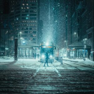 Snowy streetcar night