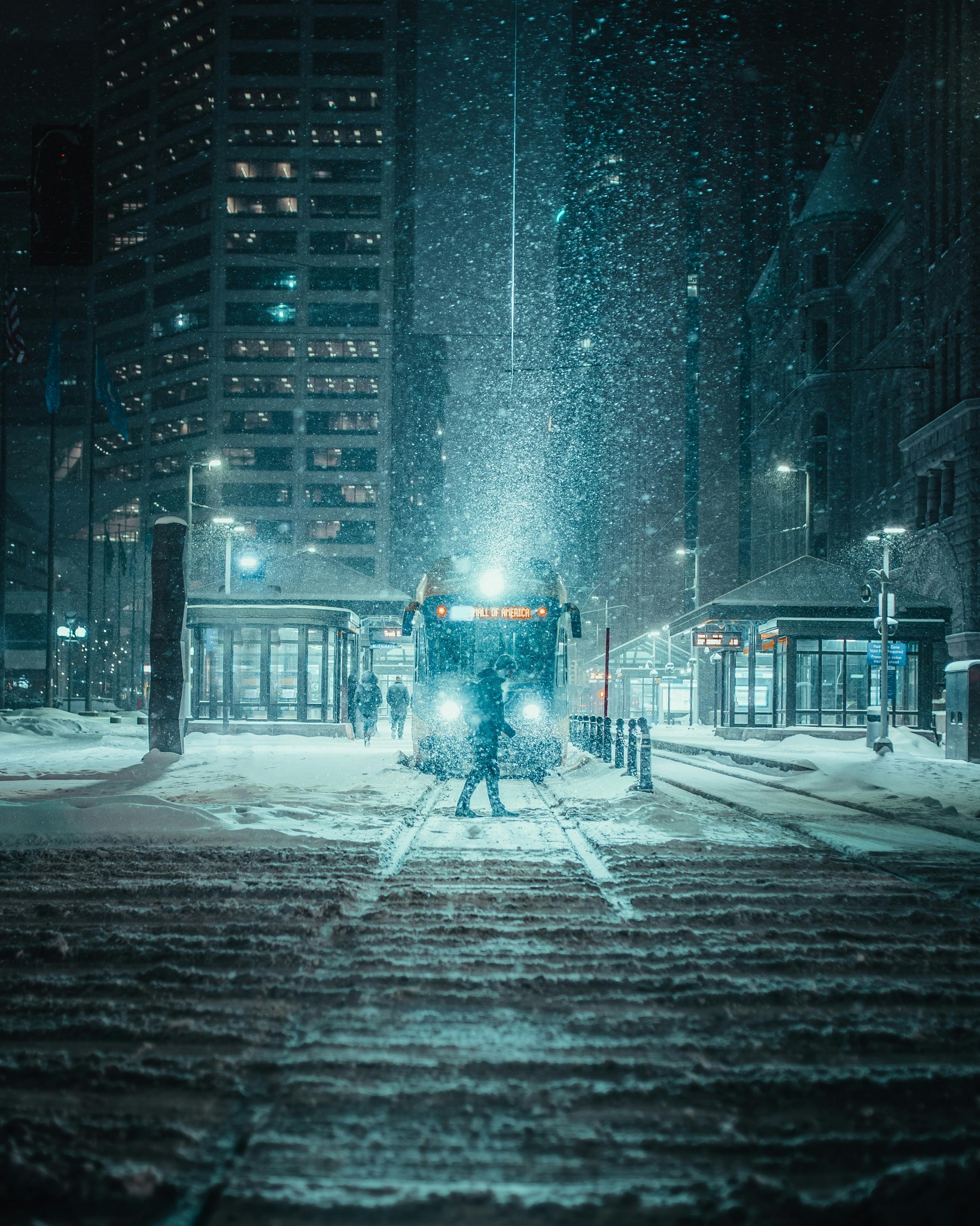Snowy streetcar night