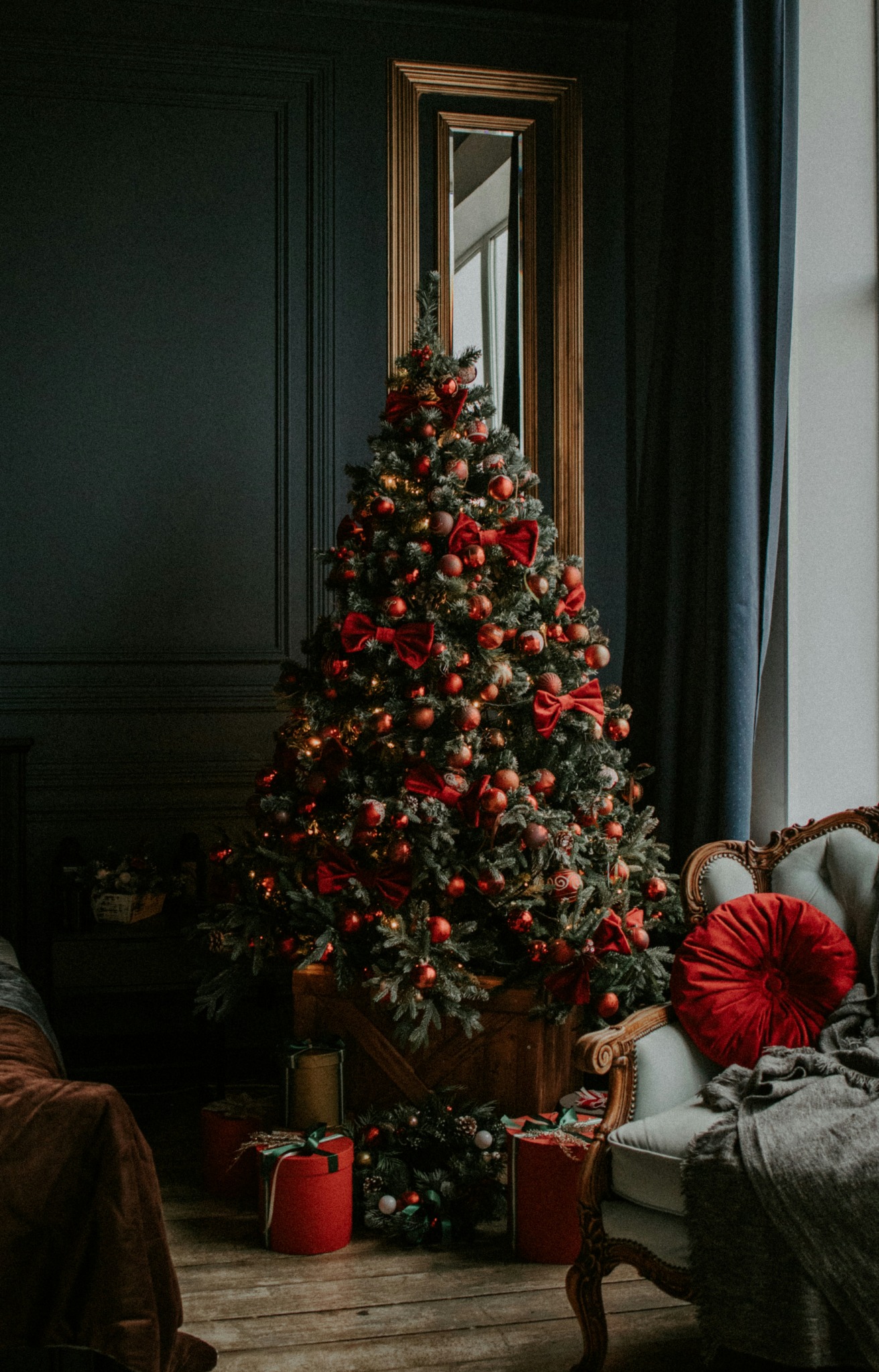 Traditional red christmas tree indoor