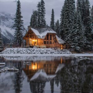 Twilight cabin reflection winter lake