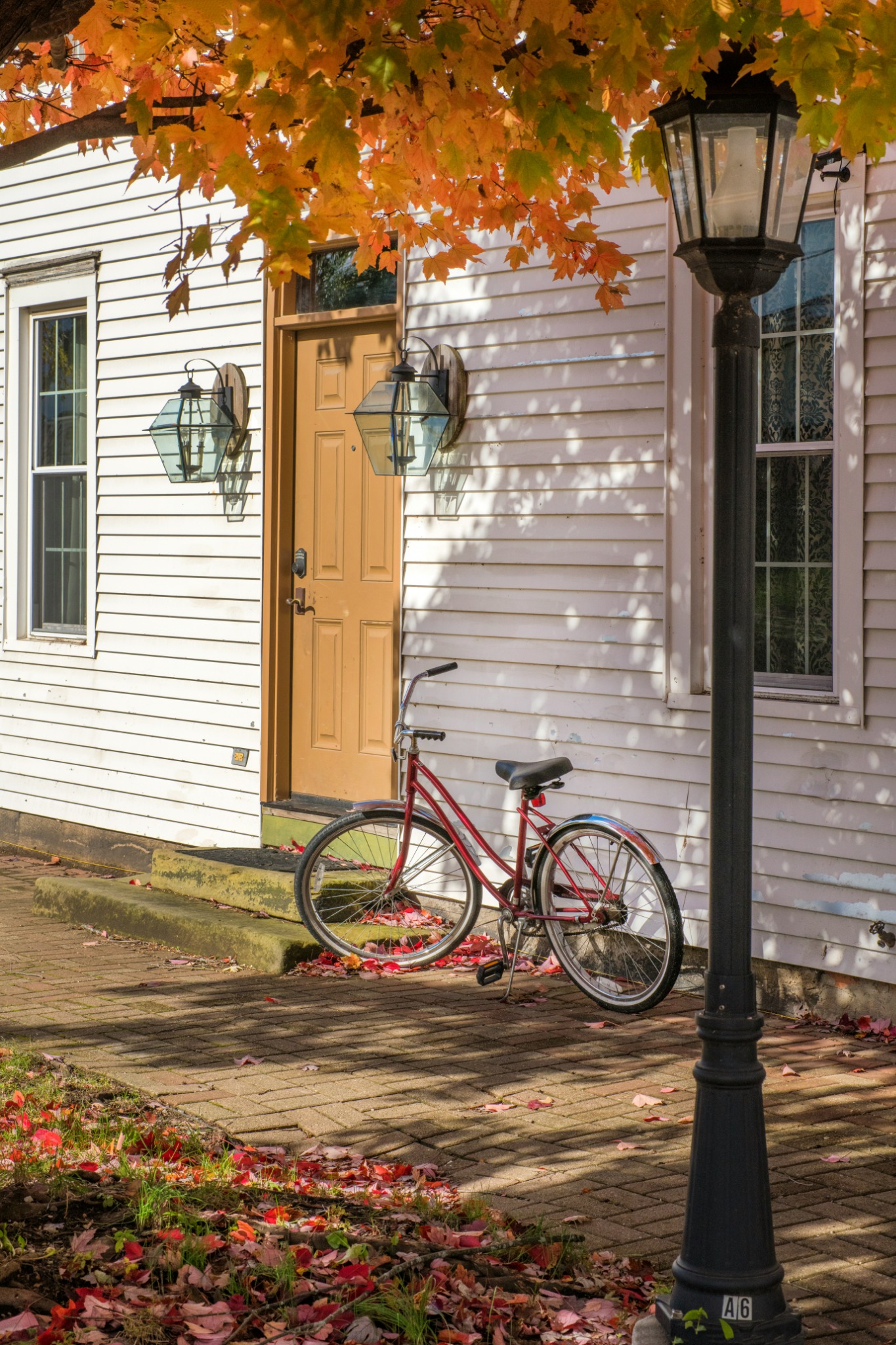 Vintage bicycle autumn leaves house
