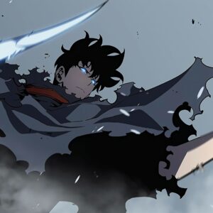 Anime fighter mid action with sword and dark creature wallpaper