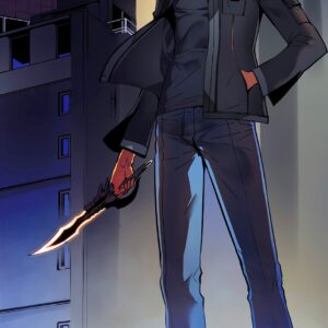 Anime hero urban night with flaming knife wallpaper