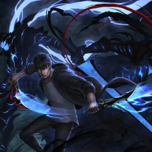 Anime hero with blue sword engaged in shadow battle wallpaper