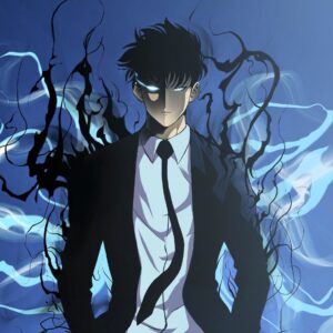 Close up elegant anime man in suit with blue smoke wallpaper