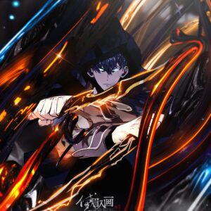Dark anime warrior with flaming sword wallpaper