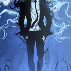 Elegant anime man in suit with blue smoke wallpaper