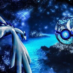 Lugia and blue pokeball water cave wallpaper