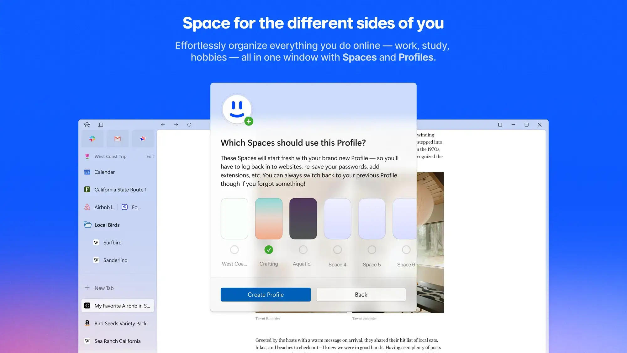 Organize different spaces and profiles - Arc Browser for Windows