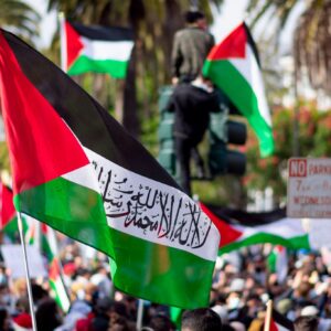 Crowd under palestinian flags wallpaper