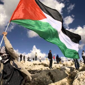 Palestinian flag held by masked figure on rocky terrain wallpaper
