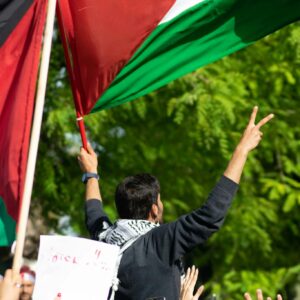 Palestinian flag raised by protester wallpaper
