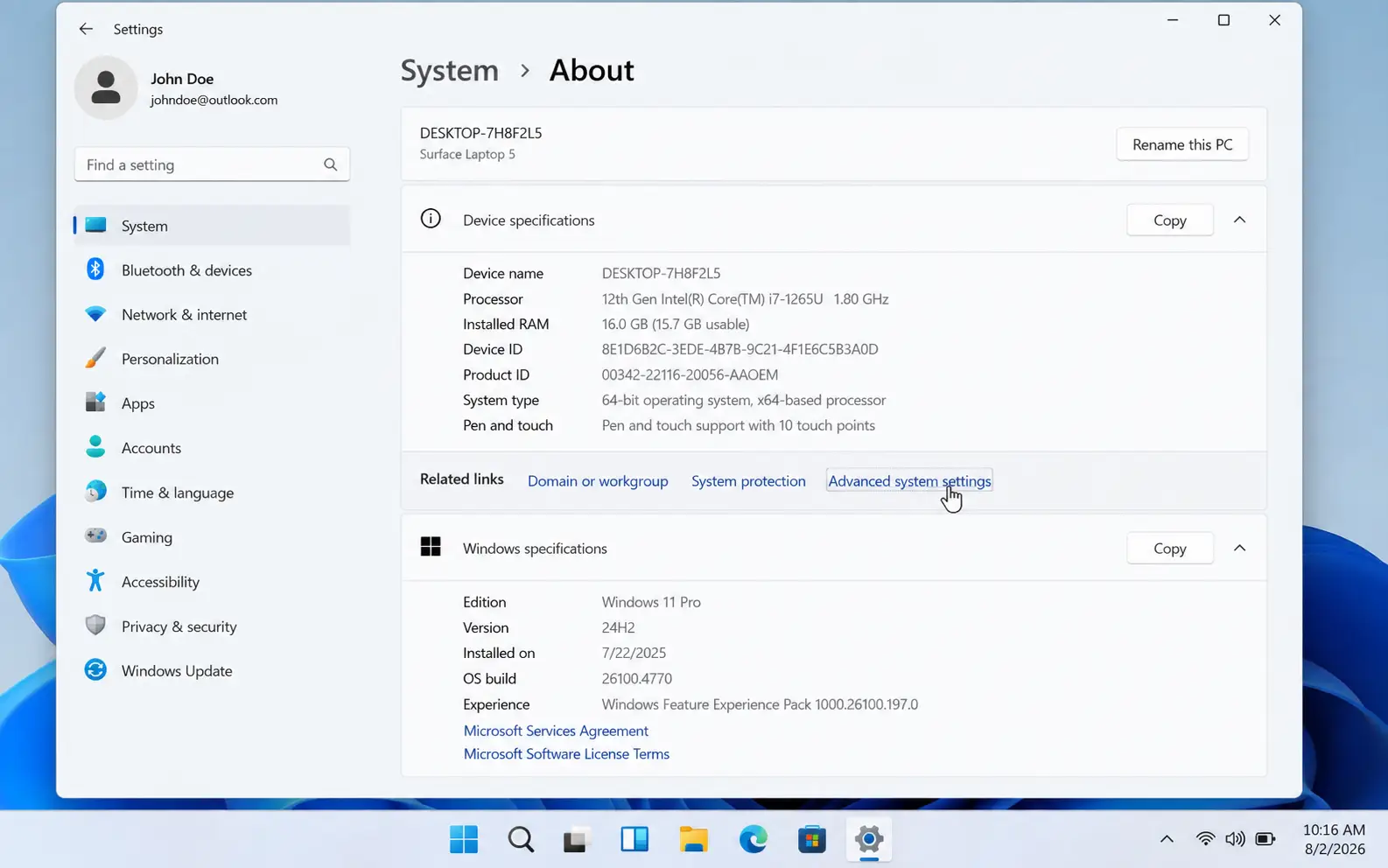 Windows 11 Settings showing System About Advanced system settings