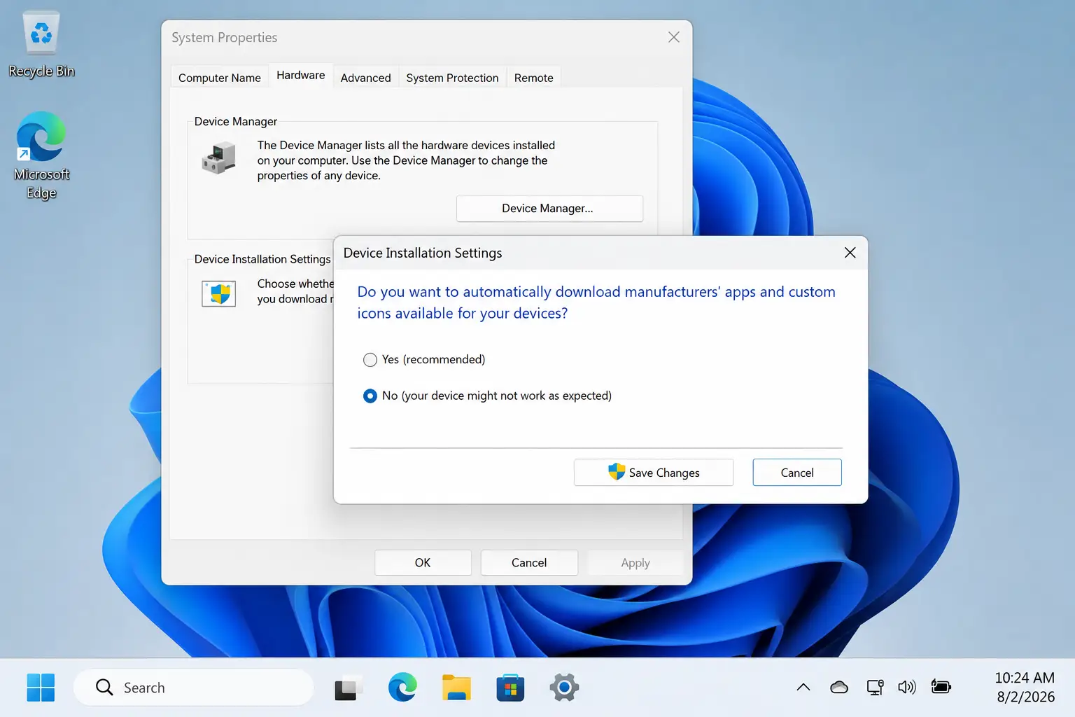 Device Installation Settings window with No selected