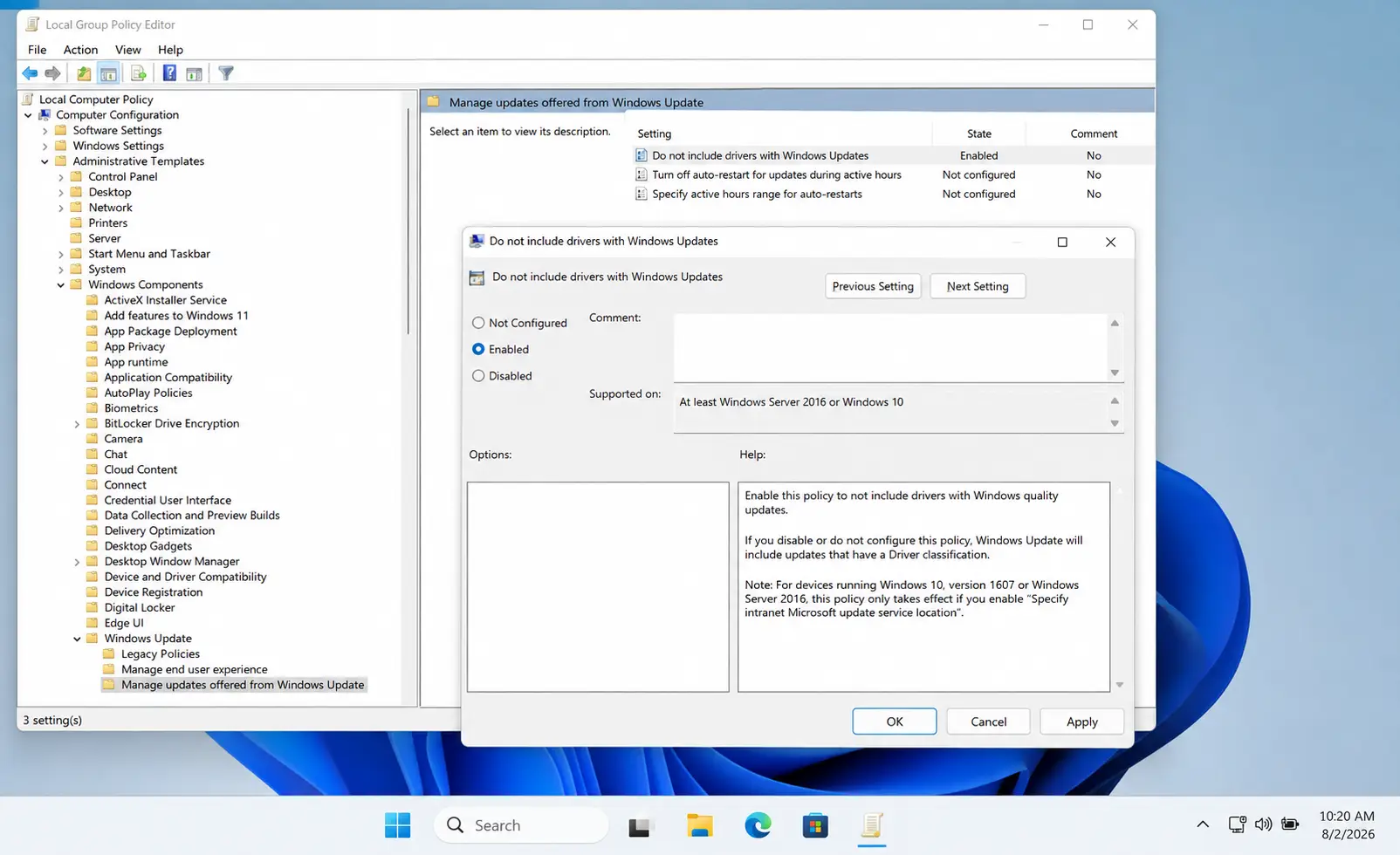 Group Policy Editor showing Do not include drivers with Windows Updates set to Enabled