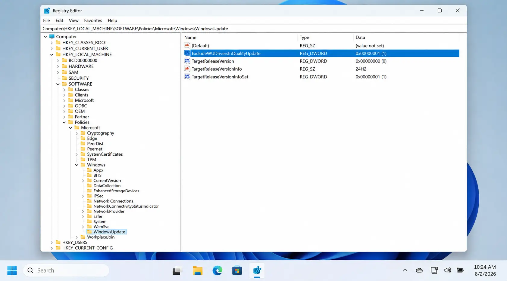 Registry Editor showing ExcludeWUDriversInQualityUpdate set to 1