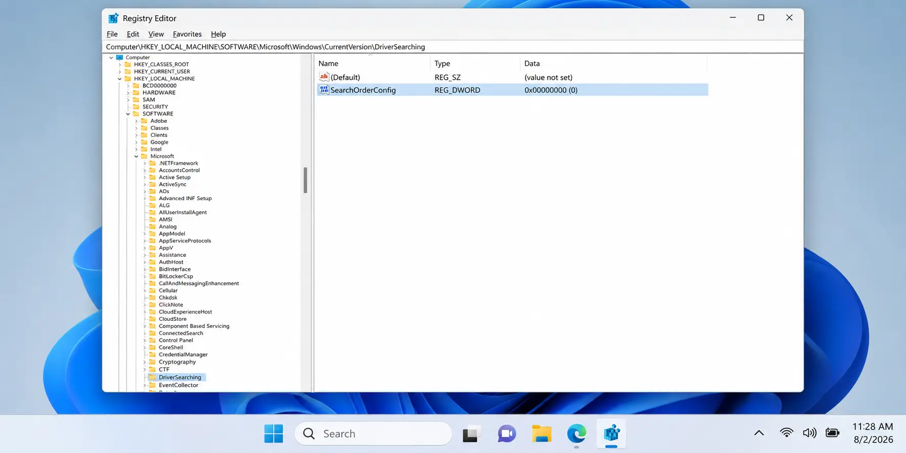 Registry Editor showing SearchOrderConfig set to 0