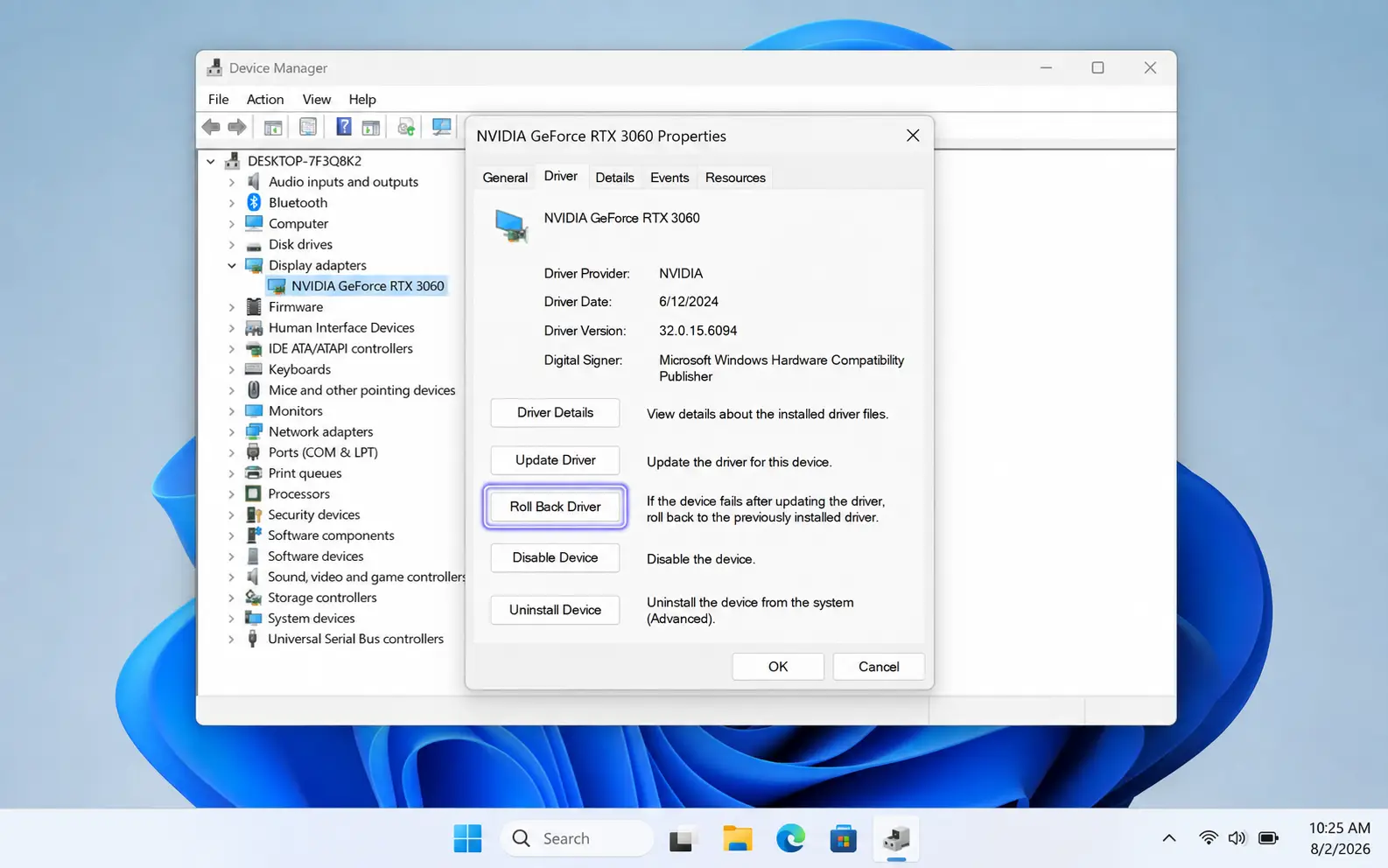 Device Manager Roll Back Driver button