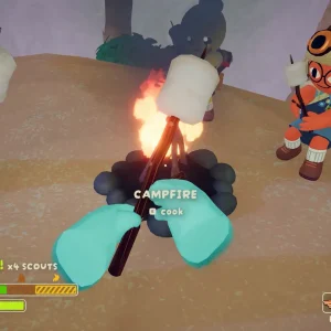 Scouts roast marshmallows over a campfire on a hill, with the screen showing a morale boost for four scouts