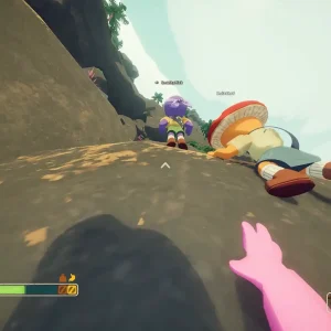 First-person view of a pink hand reaching up a steep rock slope as two scouts climb ahead