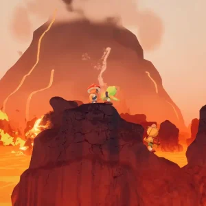 Two scouts stand on a rock pillar surrounded by lava below an erupting volcano in the Caldera