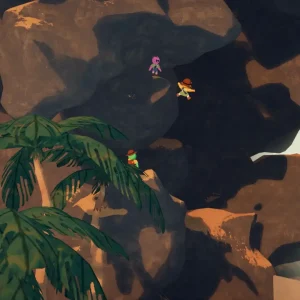Scouts climb and jump across a dark cliff face above palm trees