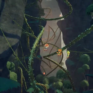 Three scouts climb thorny vines up a tall jungle cliff
