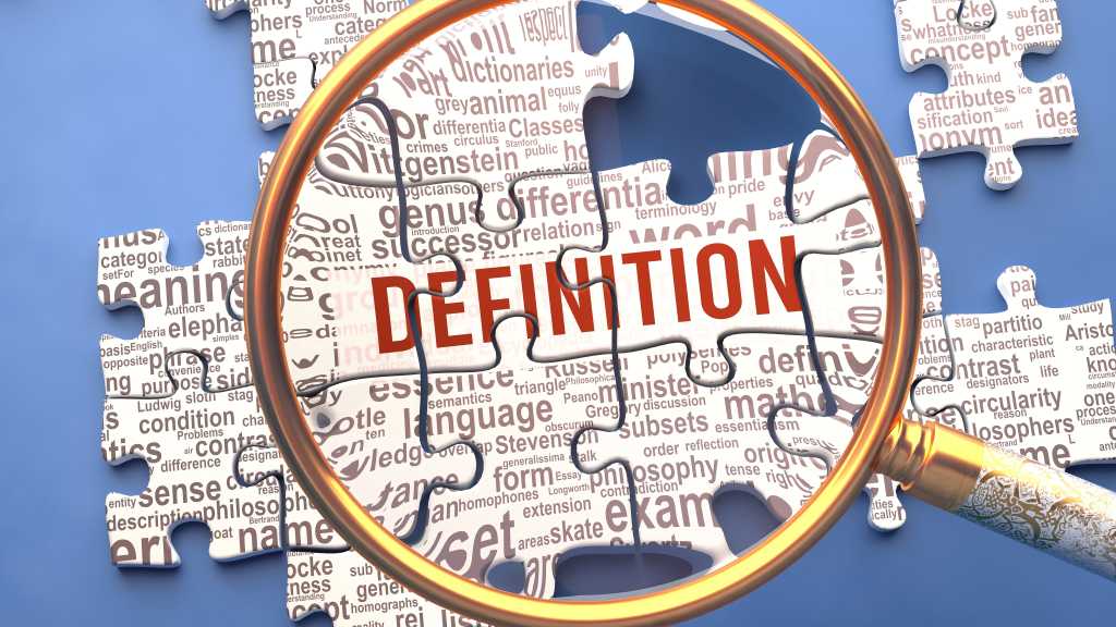 Definition as a complex and multipart topic under close inspection. Complexity shown as matching puzzle pieces defining dozens of vital ideas and concepts about Definition,3d illustration