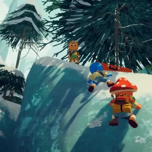 Three scouts climb a snowy rock face under pine trees in the Alpine biome