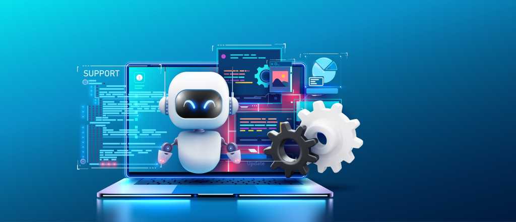 An engaging image of a robot AI assistant offering support, depicted with floating gears and a high-tech laptop interface. Bot with digital tablet near gears and messages.