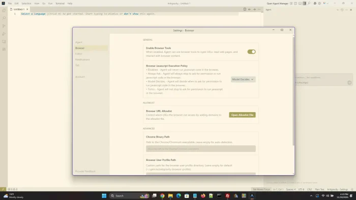 Google antigravity browser settings page