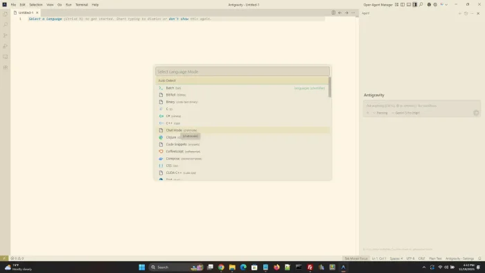 Google antigravity choose what language to code in