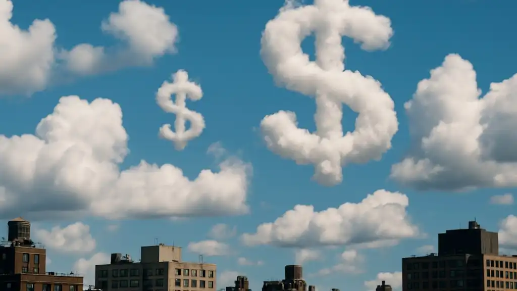 photo illustration of clouds in the shape of dollar signs above a city