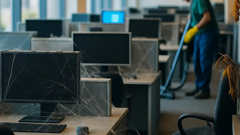 Bokeh photo of inside a modern, open it department in a modern, bright office that has no people. rows of cubicles are visible with computers that are turned off. the office is mostly clean and bright but cobwebs are visible on the workstations.. the