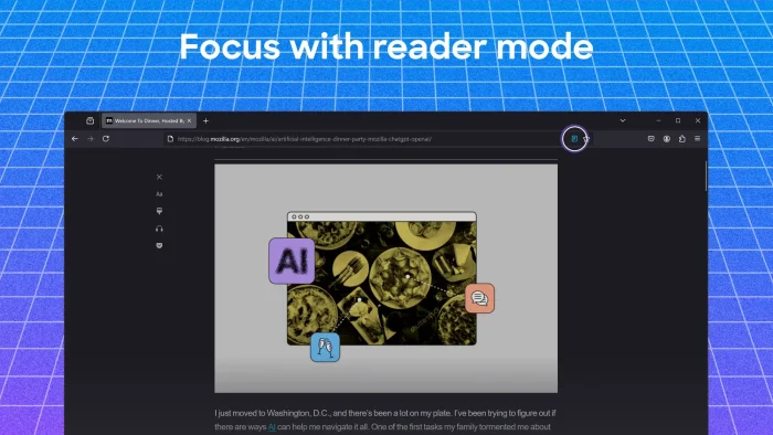 Focus with reader mode - Mozilla Firefox for Windows - Privacy, Custom AI & Speed (Download)