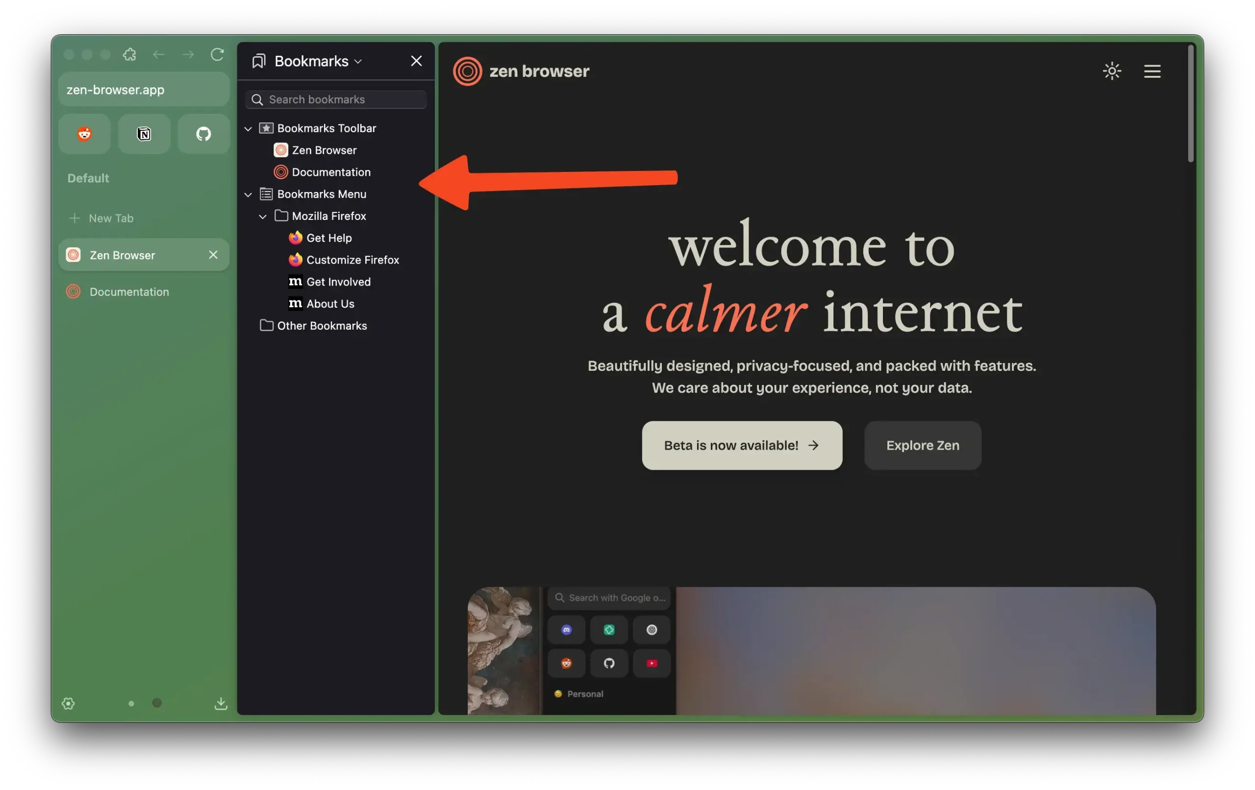 Manage bookmarks - Zen Browser for Windows - Firefox with Vertical Tabs