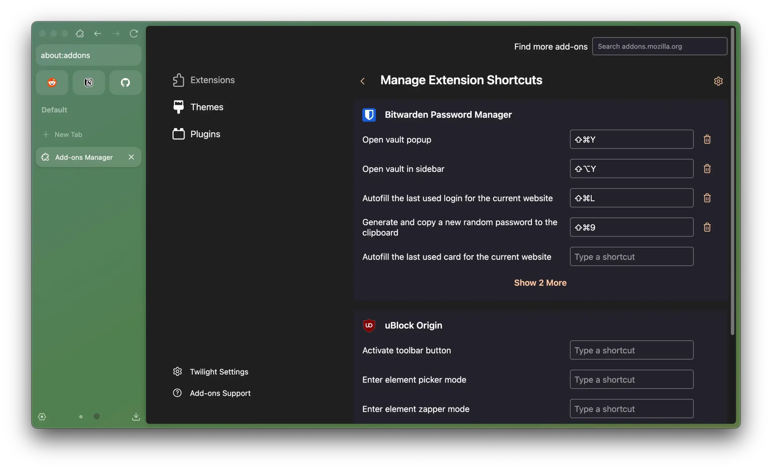 Manage extensions shortcut - Zen Browser for Windows - Firefox with Vertical Tabs