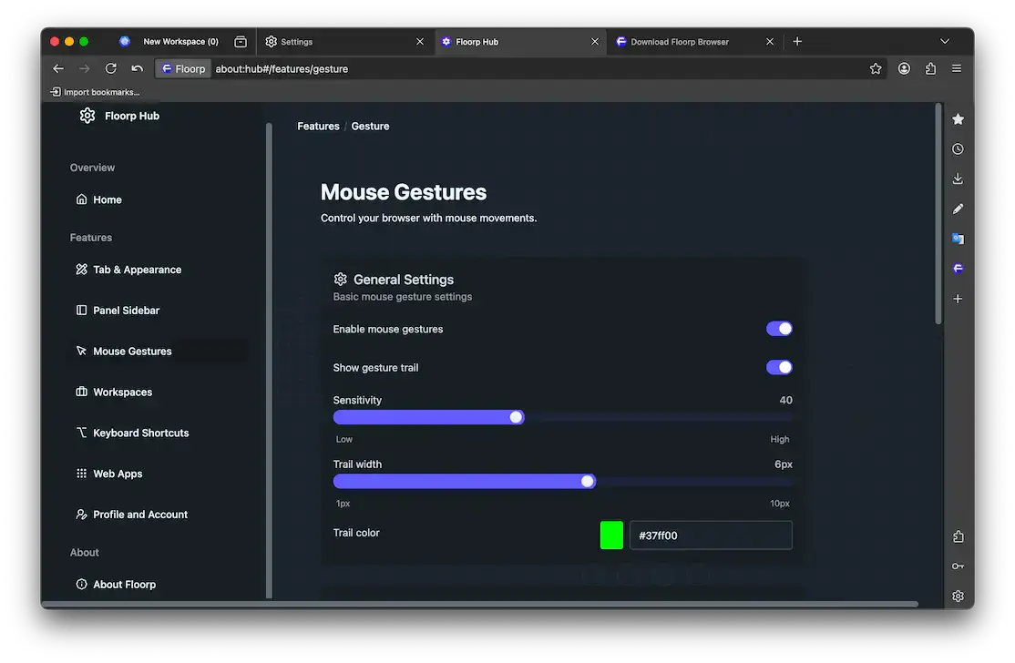 Mouse gesture settings - Floorp Browser for Windows - Firefox with Full UI Customization