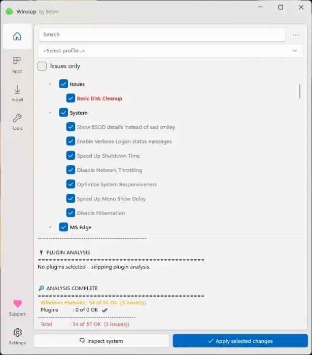 Winslop issues list showing items to remove on Windows 11