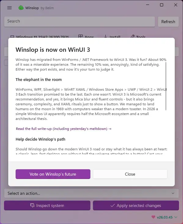 Now using winui 3 - Winslop for Windows: Remove Copilot, Bloat and Telemetry (2026)
