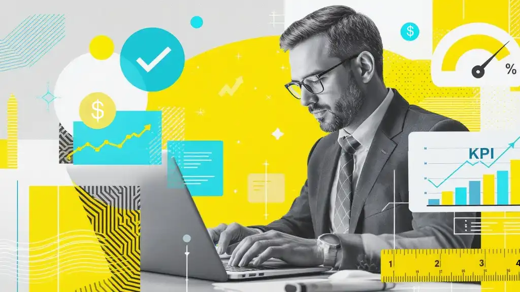 collage illustration of executive evaluating data on his laptop
