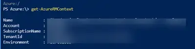 Azure PowerShell Get-AzContext command showing the current Azure context in Cloud Shell