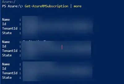 Azure PowerShell Get-AzSubscription command listing Azure subscriptions in Cloud Shell