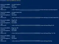 Azure PowerShell Get-AzResourceGroup command showing resource group output in Cloud Shell